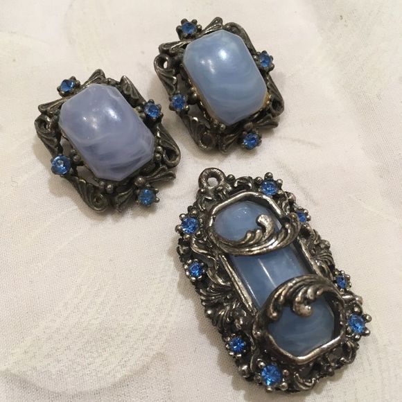 Vintage Blue Moonstone In Pot Metal Set - Picture 9 of 9